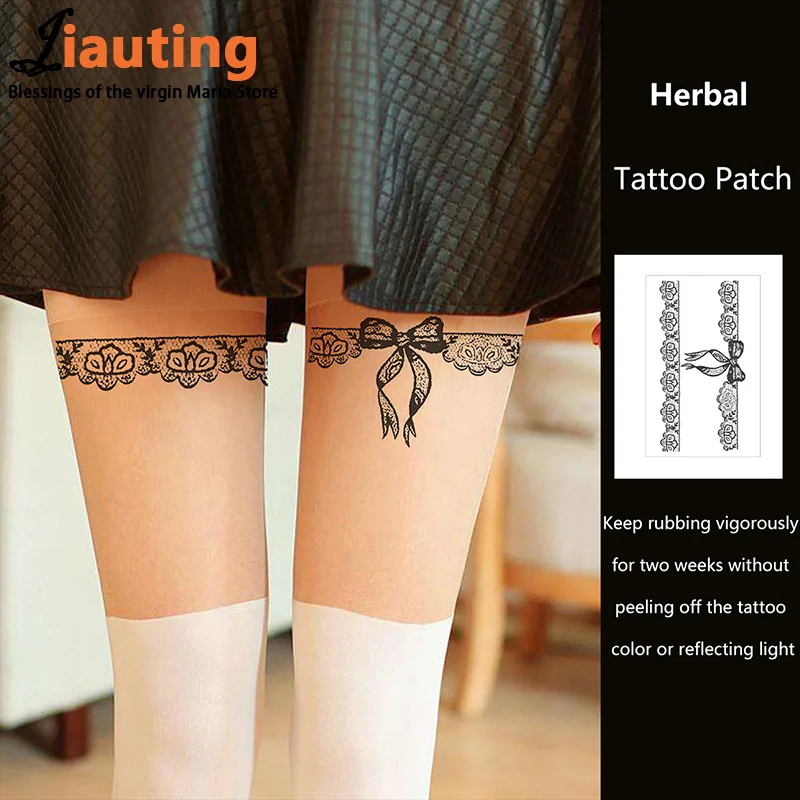 Lace Bow Herbal Juice Tattoo Stickers Half Arm Chest Waterproof Temporary Tattoos Fake Sexy Collarbone Hotwife