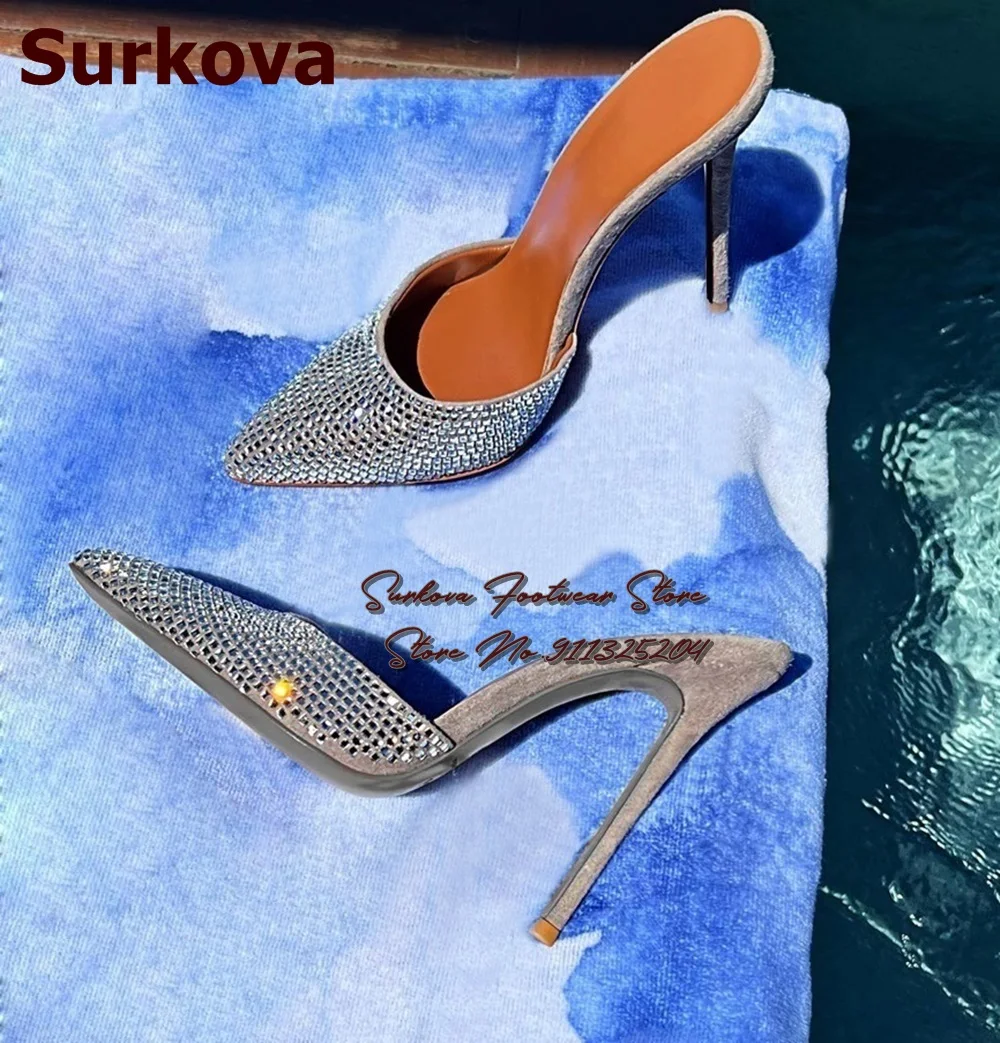 

Surkova Glitter Silver Crystal Pointed Toe Slippers Stiletto Heel Sli-on Dress Pumps Shining Rhinestone Wedding Shoes Dropship