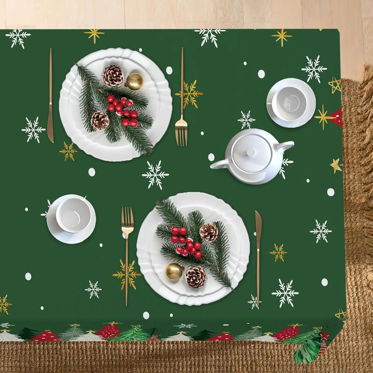 شجرة عيد الميلاد مفرش المائدة الأخضر لديكور الطاولة الشتاء عيد الميلاد أشجار الصنوبر الثلج مستطيل مفرش طاولة زينة عيد الميلاد #4