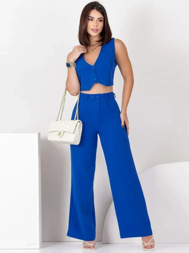 Lato 2025 europejskie i amerykańskie zestawy spodni damskie jednolita moda Casual Slim Fit bez rękawów zestawy dwuczęściowe stroje damskie