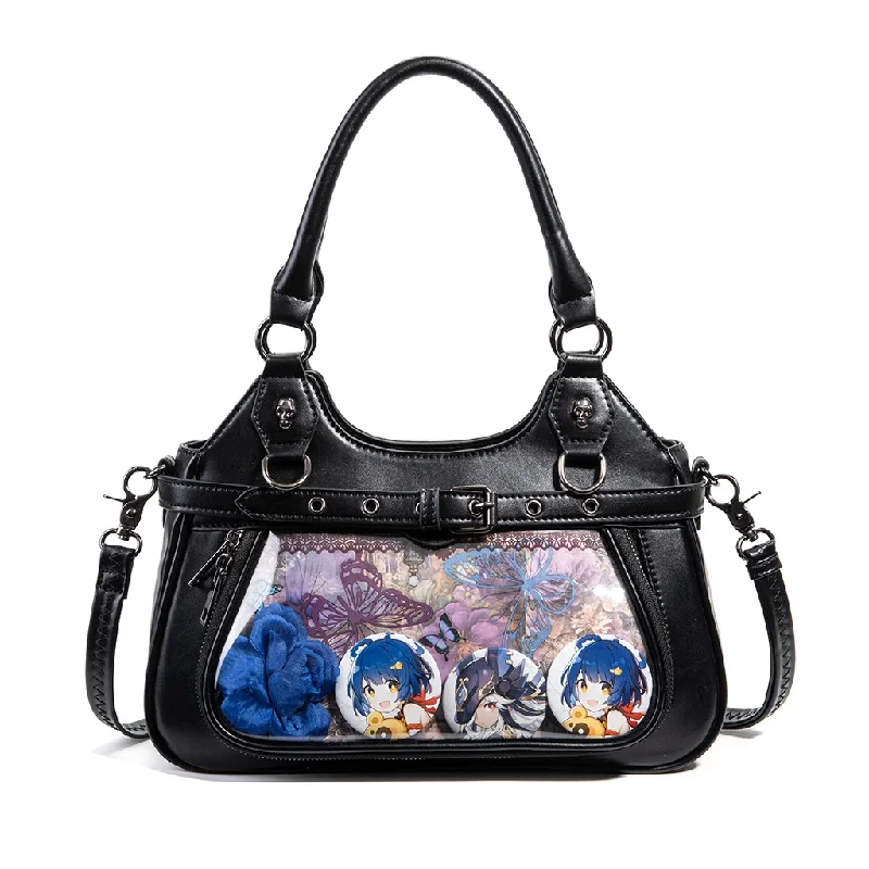 

Готическая сумка-ита из винтажной искусственной кожи с прозрачным окном для значков, сумка через плечо в стиле Dark Academia для женщин и фанатов аниме