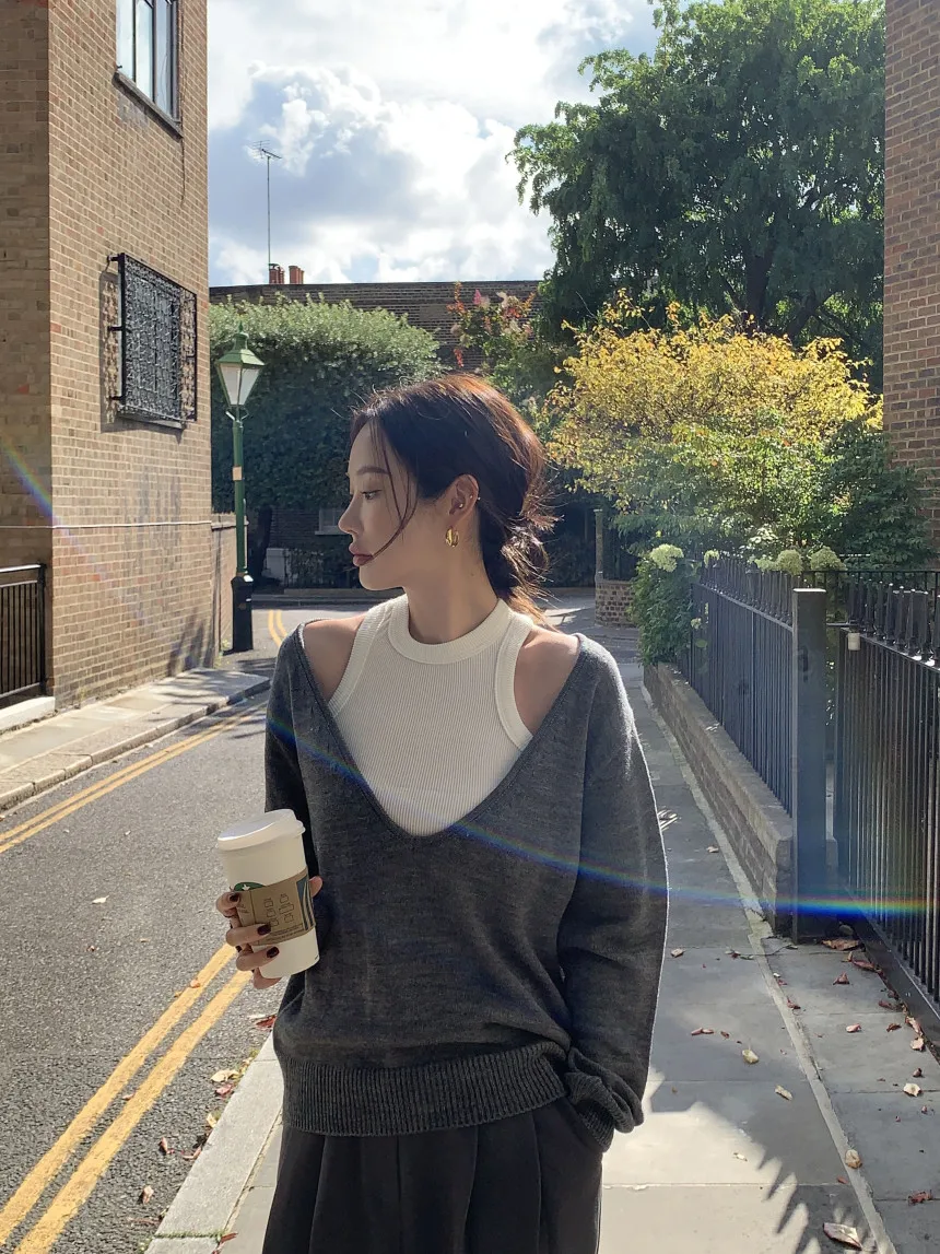 Korean Women Clothing Knit Suit Two Piece Sets V-neck Oversized Pullovers Tunic Vest Outfits Roupas Femme Casual Fashion Y2k Set