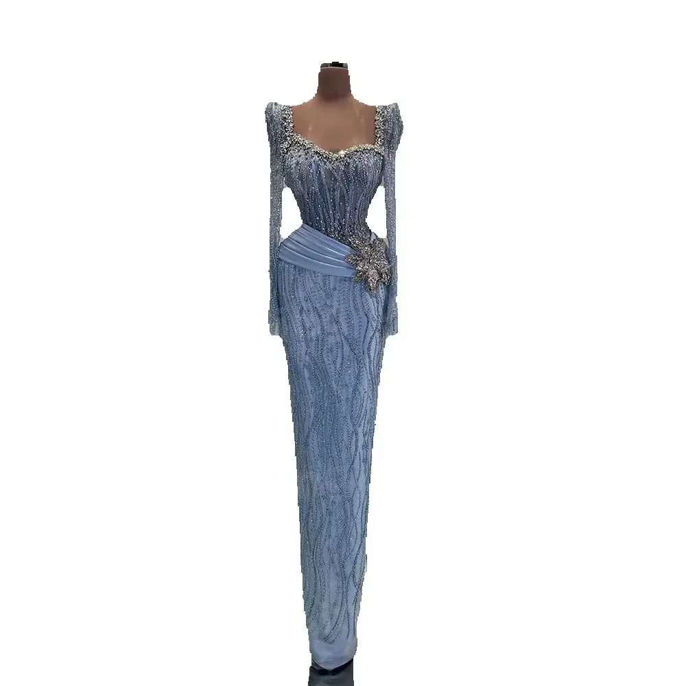 Luxuriöse Meerjungfrau-Abendkleider für Damen, maßgeschneiderte, langärmlige, perlenbesetzte Ballkleider, formelle Partykleider, Vestidos Para Mujer Elegantes