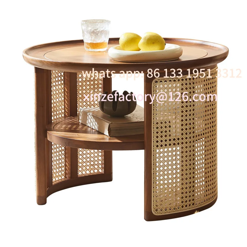 

Customizable Nordic round coffee table combination Modern minimalist wabi-**** retro solid wood rattan round edge few Japanese-s