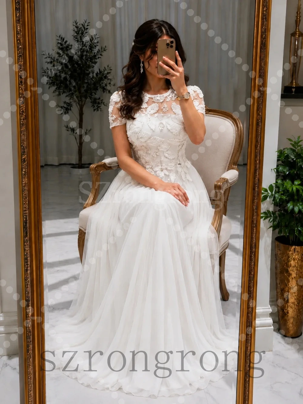 Custom Made White Floral Lace A-line Wedding Dress Short Sleeve Backless A-line Floor Length Bridal Dress with Court
