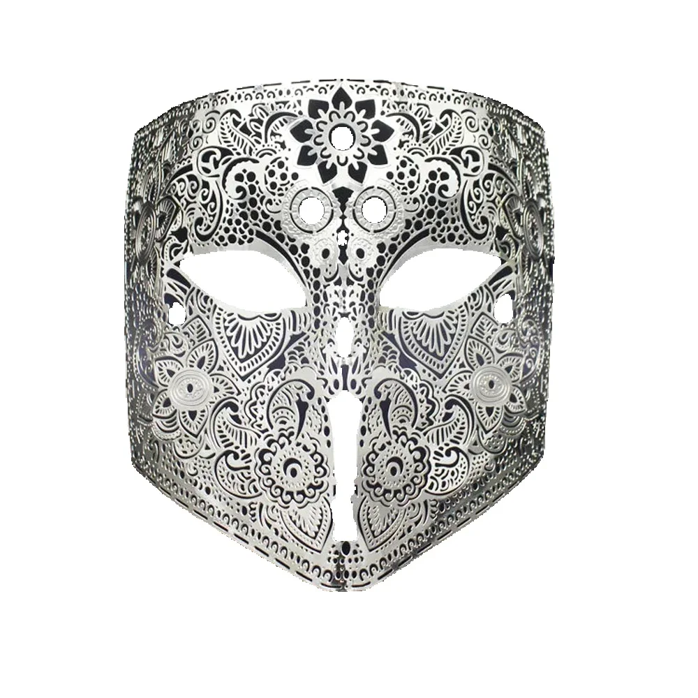Złoty kolor srebrny całą twarz Cosplay maska na bal maskowy czarna metalowa tarcza czaszki Mardi Gras maska imprezowa — 2