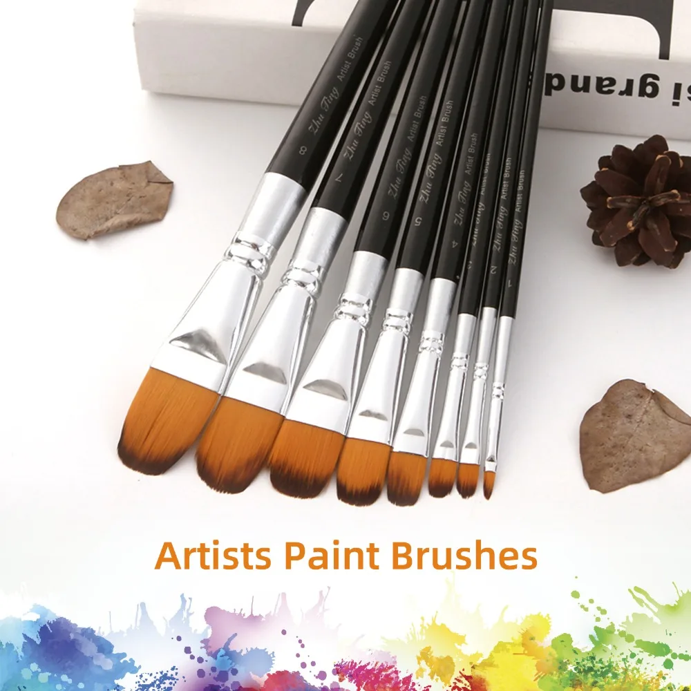 8Pcs Wood Paint Brushes Set Multipurpose Flat Shape Paint Brushes Lightweigt Practical Watercolor Paint Brushes Painting