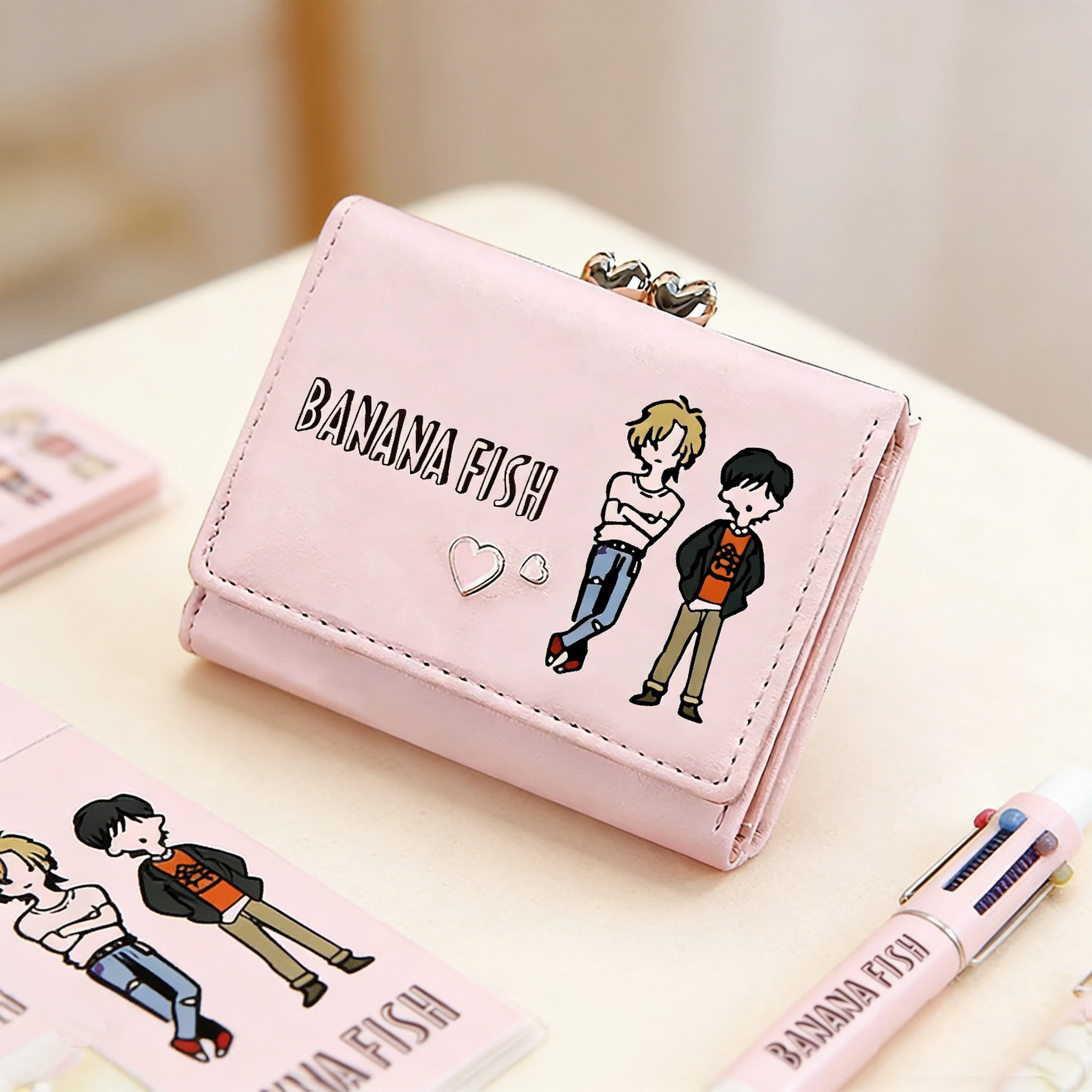 BANANA FISH Kawaii Coins Purses Ash Lynx Anime Short Wallets Pink Cute ID Card Holder Pu Leather Small Money Bags Girls Clutch