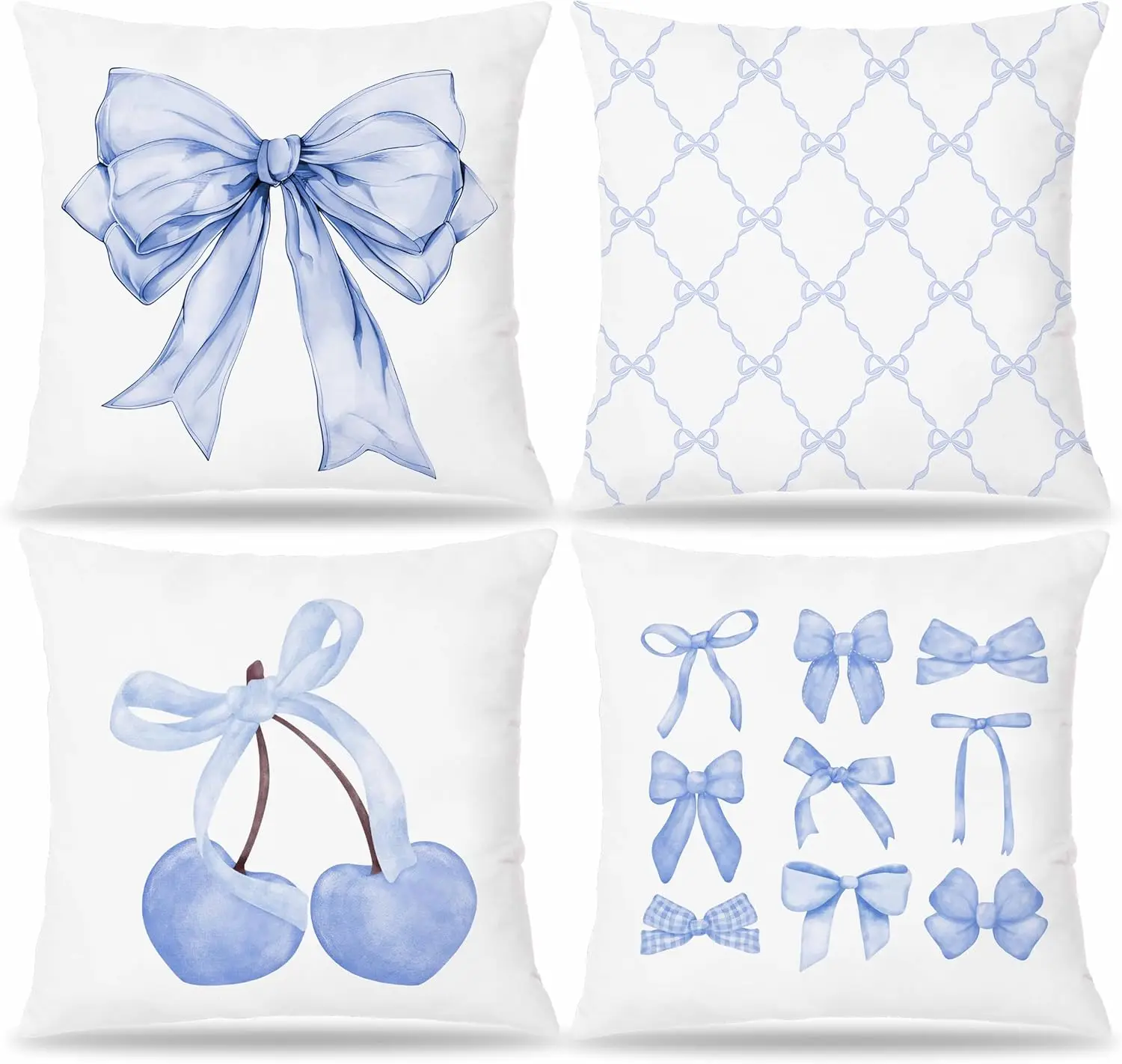 

4Pcs Coquette Blue Bow Throw Pillow Covers, Watercolor Cherry and Ribbon Cushion Cases for Living Room Bedroom Sofa Home Decor