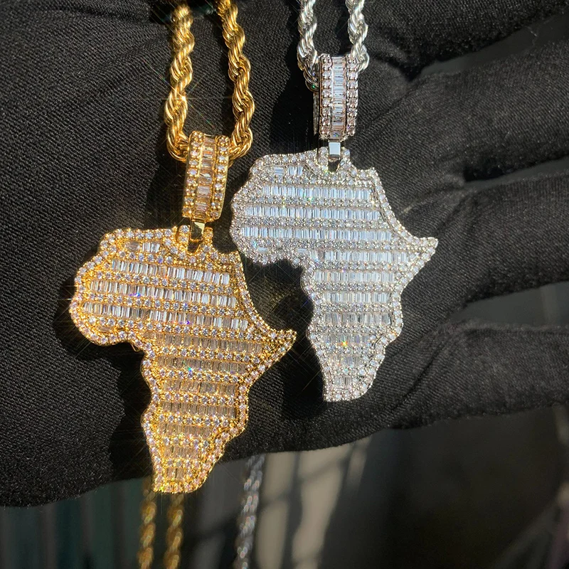 Hip Hop 3A+ CZ Stone Paved Bling Iced Out Map of Africa Pendants Necklaces for Men Rapper Jewelry Gold Silver Color