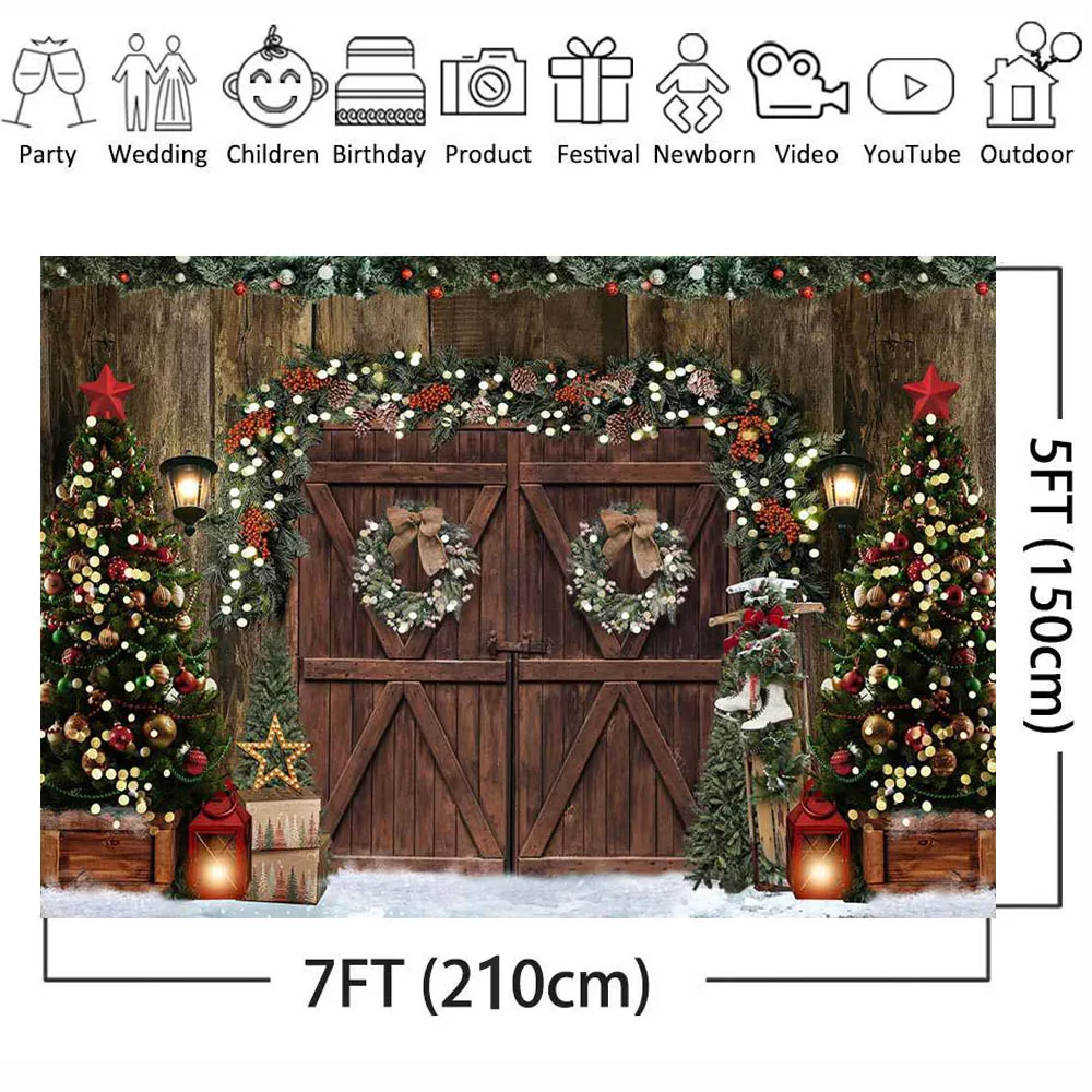 Mocsicka Drewniane Drzwi Śnieg Pole Choinka Wieniec Zdjęcie Tło Zimowe Dziecko Portret Fotografia Tło Studio Photocall