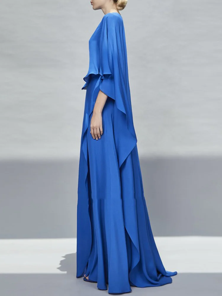 Abiti da sera blu moda 2023 o-collo manica lunga volant abiti da ballo formali in Chiffon stile celebrità abito arabo De Soirée