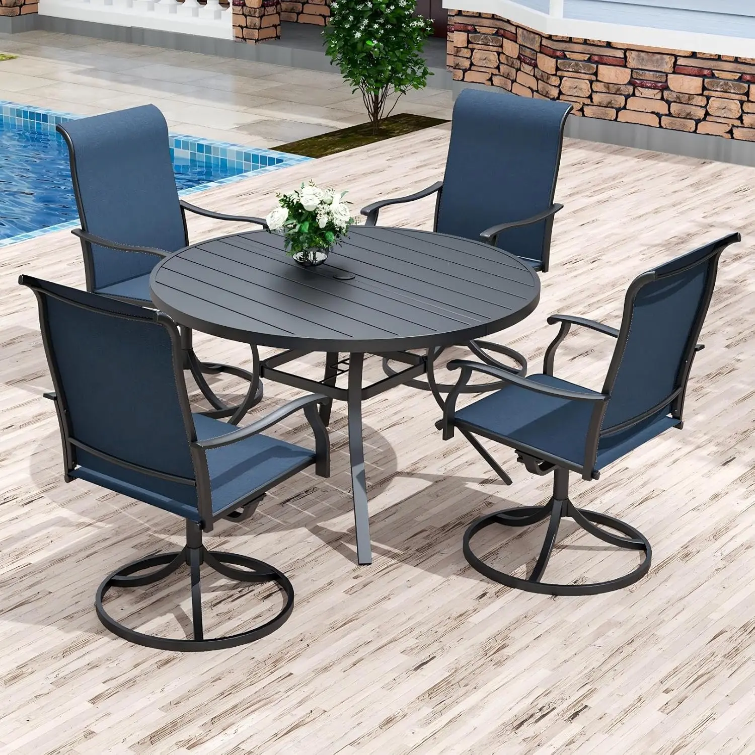 5-Piece Outdoor Dining Set, 48" Round Table with 4 Swivel Textilene Chairs All Weather Furniture Set - Blue, Custom