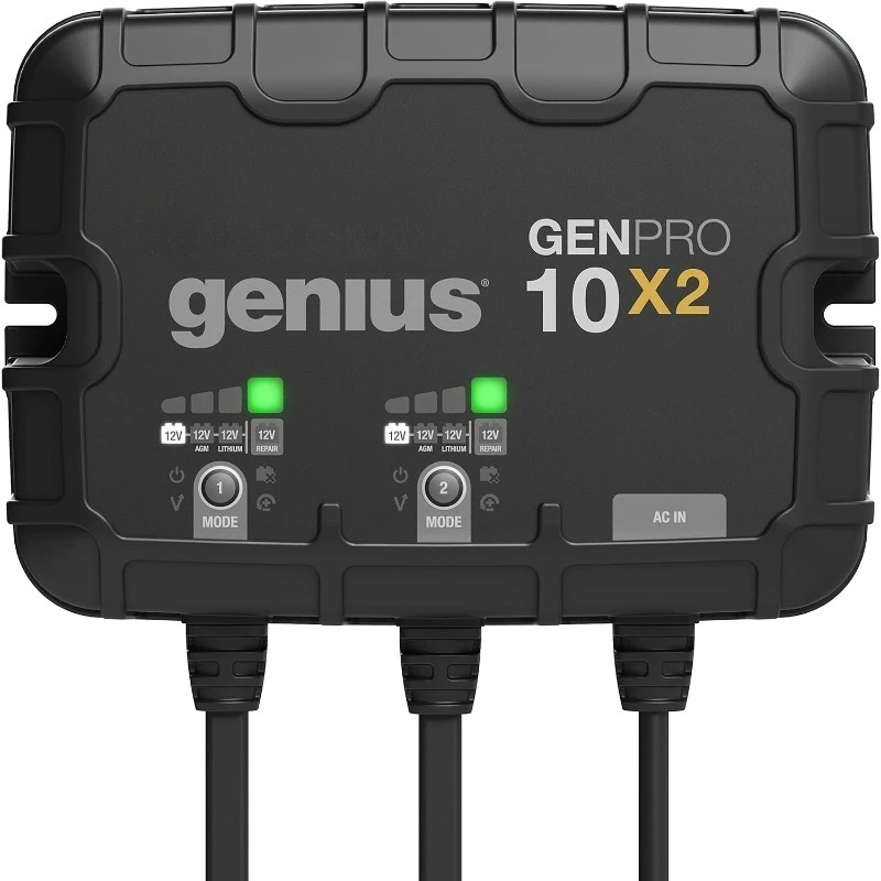 

Genius GENPRO10X2: 2 банки, встроенное зарядное устройство на 20 А — 10 А на банк, водонепроницаемое морское зарядное устройство 12 В с защитой от перезарядки