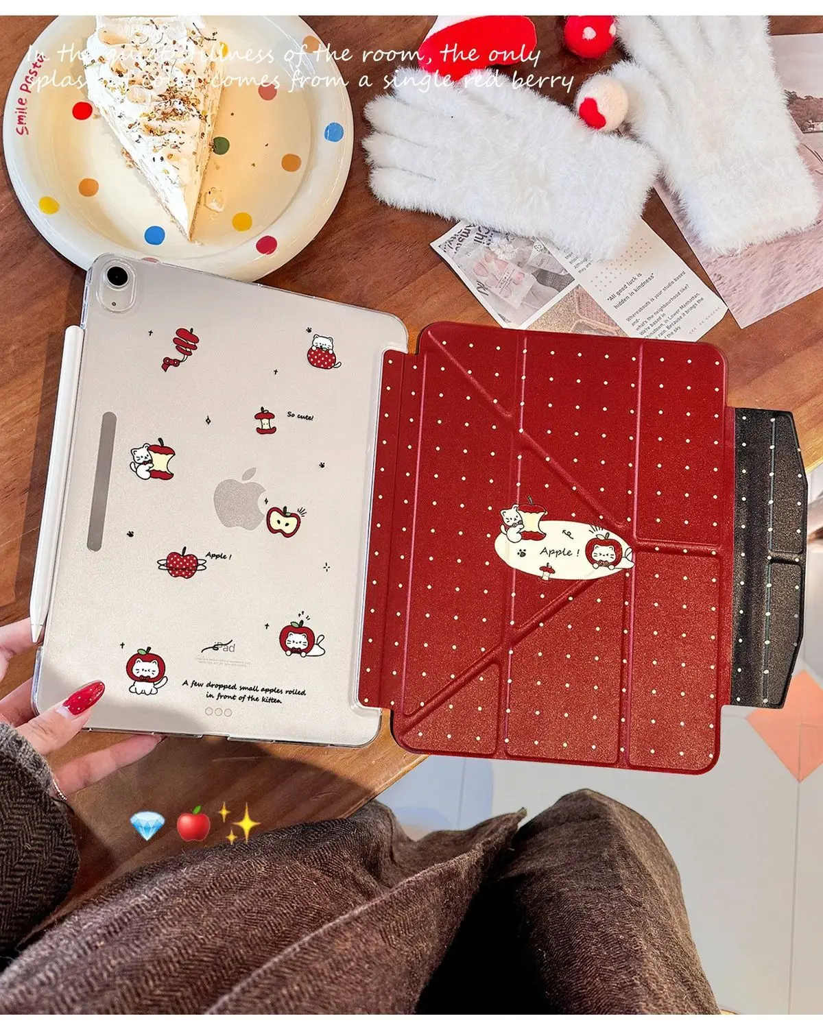 Red Wave Point Kitten iPad Case For iPad Pro 11 13in 2025 iPad Pro 12.9in Air7 10th 11th M4/5 3-y Fold Anti-fall Buckle Cover