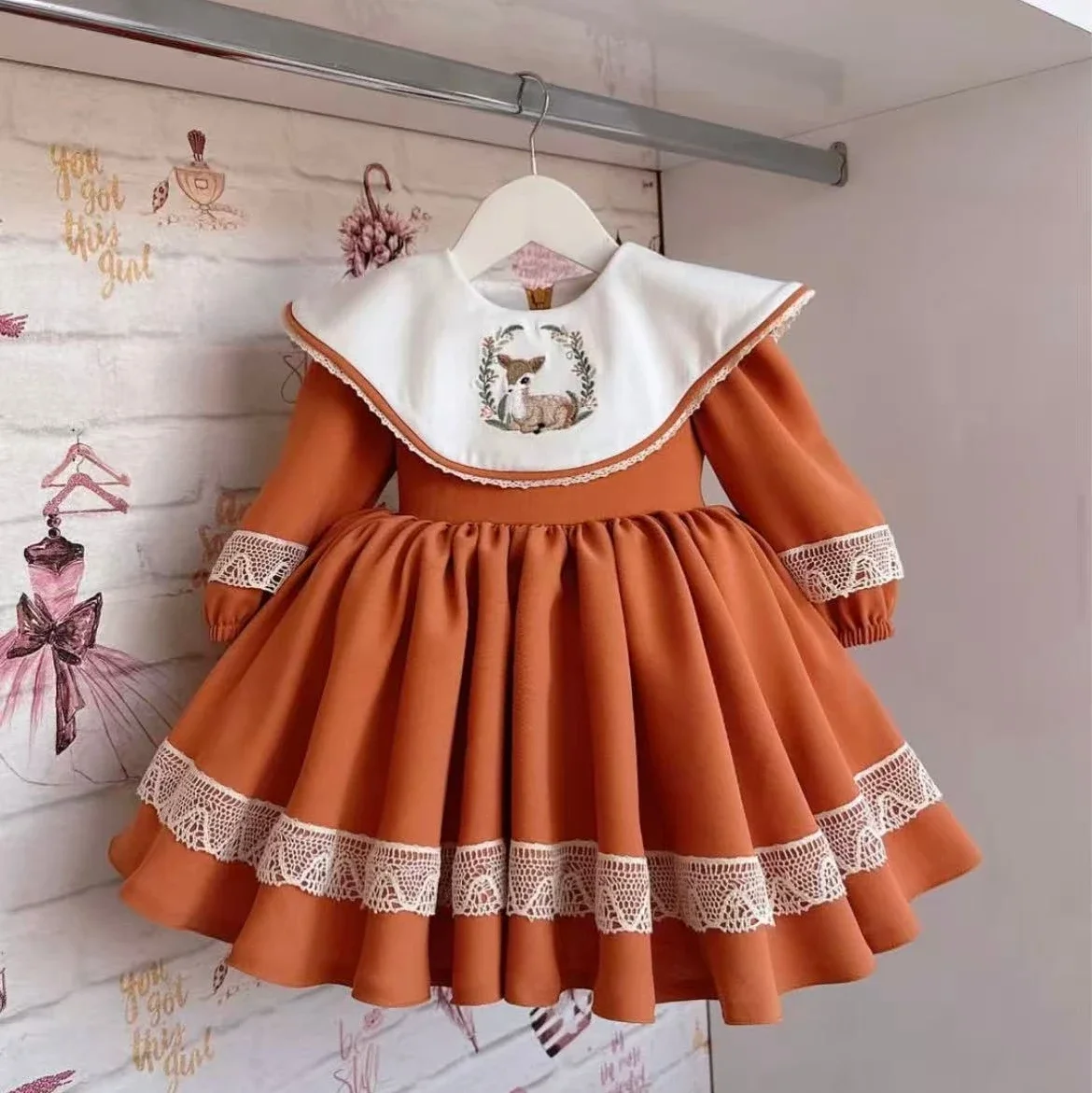 Baby Girl Autumn Winter Orange Long Sleeve Sailor Collar Deer Embroidery Princess Dress for Birthday Photography C9
