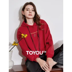 TOYOUTH Women Fleece Hoodies Sweatshirt 2024 Autumn and Winter New Persimmon Embroidered Hooded Thicking Warm Pullover Tops