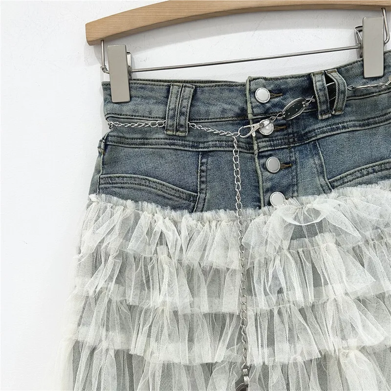 WTHT موضة جديدة للمرأة تقسم متعدد الطبقات الشاش الدنيم التنانير 2025 الصيف العصرية عالية الخصر ألف خط تنورة طويلة الإناث 1LS2144