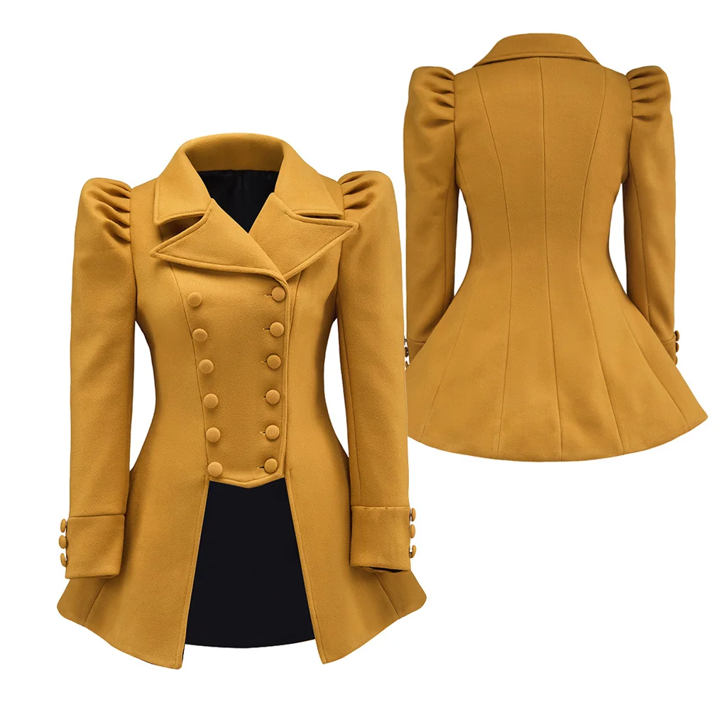 

Medieval Victorian Long Sleeve Tuxedo Women Gothic Steampunk Fancy Tailcoat Historical Military Parade Coat Yellow Outwear