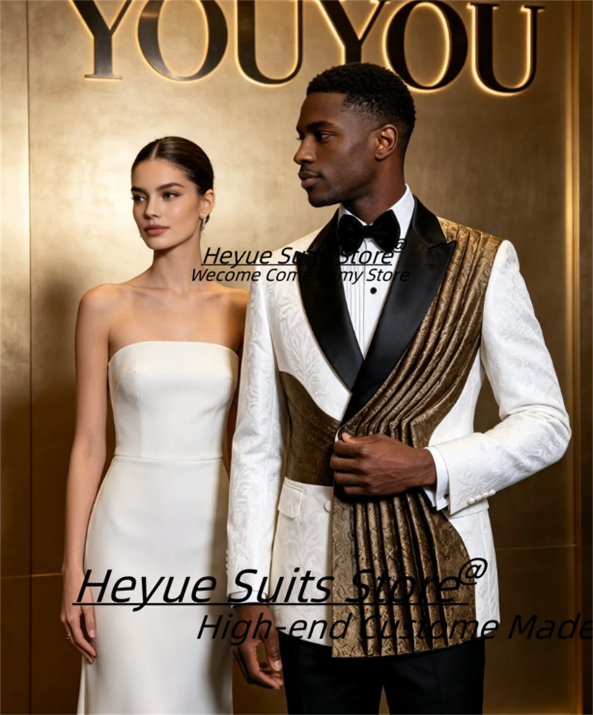 Custom Luxury White Jacquard Men Suits Bronze Pleated Spliced Shawl Lapel Groom Wedding Tuxedos 2 Pieces Sets Prom Costume Homme