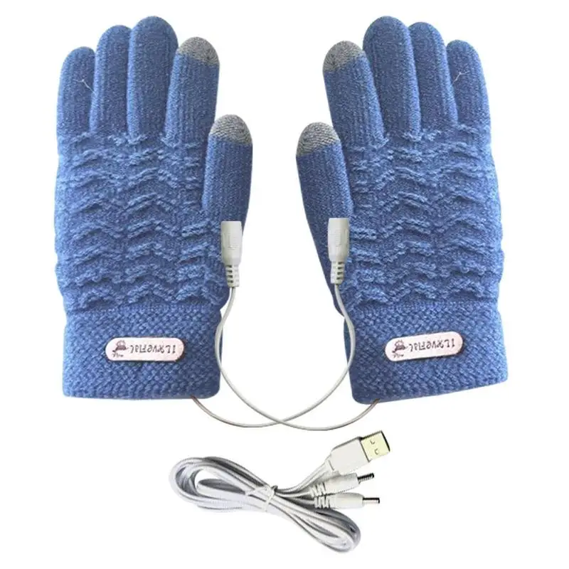 1 Pair Heated Knitting Full Finger Mittens Windproof USB Electric Heating Gloves Portable Constant Temperature Hand Warmer