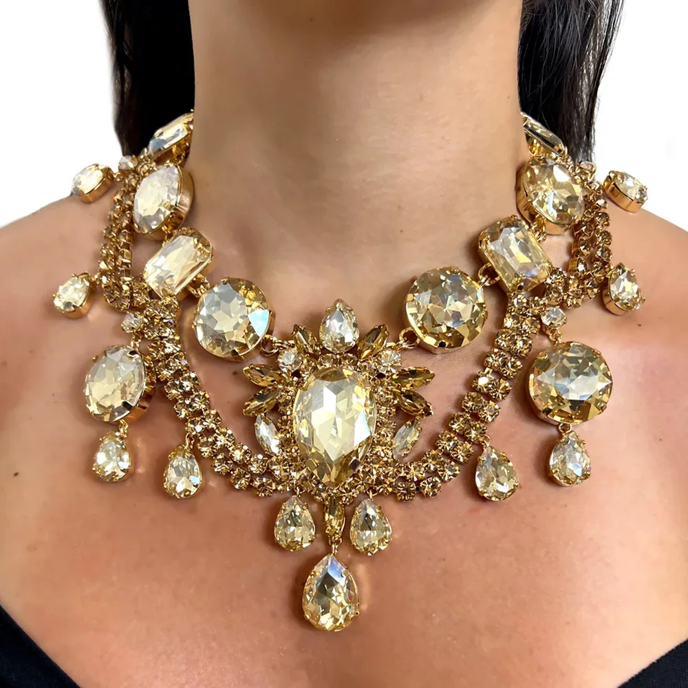 

Luxury Yellow Rhinestone Choker Necklace for Women Exaggerated Water Drop Tassel Crystal Collar Choker Christmas Jewelry Party