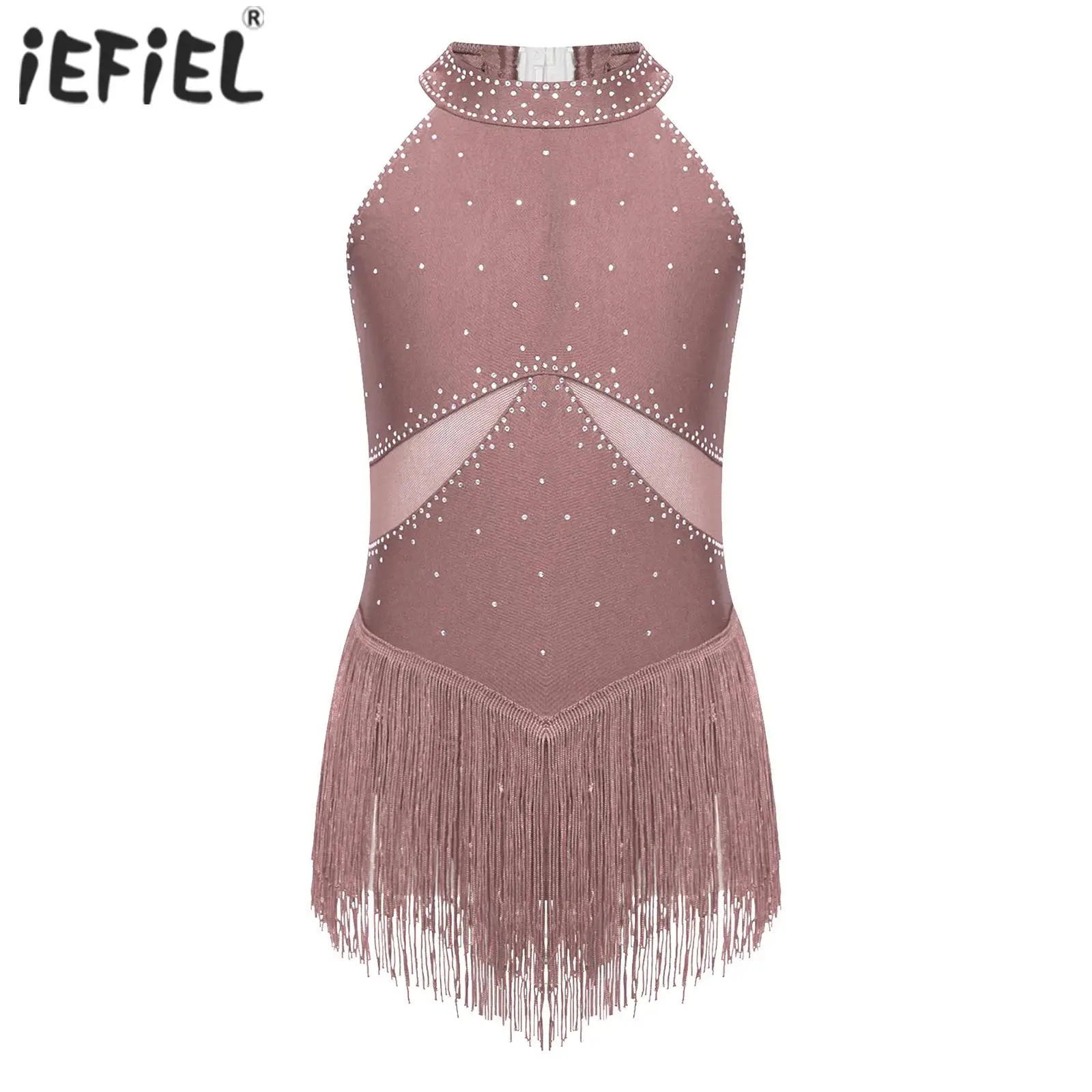 Kids Girls Rhythmic Gymnastics Ballet Jersey Costumes Glittery Rhinestones Artistic Skating Dress Tassel Tight Fitting Bodysuit