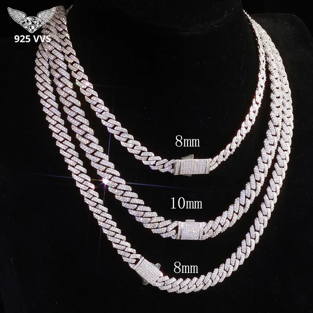 

8/10 мм ширина серебро 925 пробы Iced Out муассанит кубинская цепочка стерлингового серебра VVS муассанит ожерелье браслет хип-хоп ювелирные изделия
