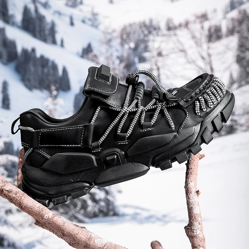 Black Round Toe Genuine Leather Shoes Hiking Boots Platform Sport Sneakers New Breathable Lace Up Punk Thick Bottom Loafers