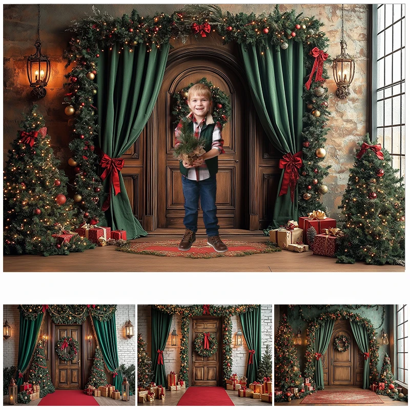 

LS Photography Background Winter Christmas Front Door Window Gifts Xmas Kids Family Portrait Decor Backdrop Photo Studio
