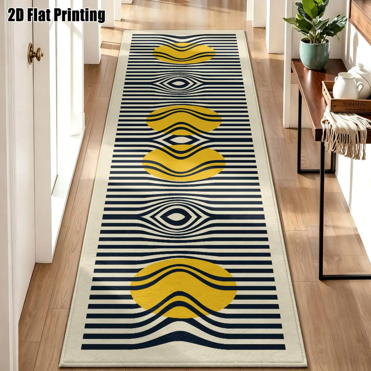 1Pc 2D Printed Long Strip Runner Rug with Yellow & Black Geometric Wave Patterns, Nordic/Instagram Style, Machine Washable, Suitable for Entryway, Hallway, Living Room, Bedroom, Multiple Sizes Available