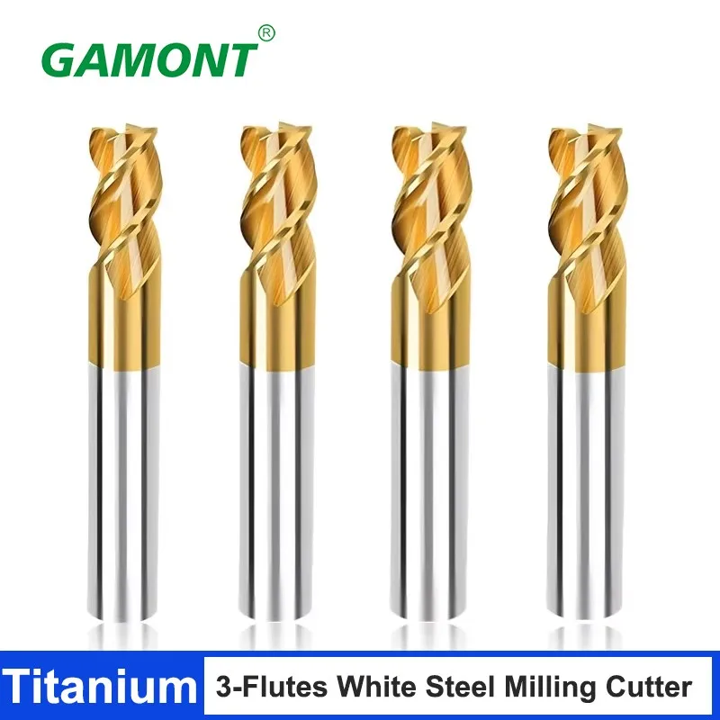 GAMONT 화이트 스틸 밀링 커터, 고속 스틸 티타늄 엔드밀, 초경질 스트레이트 생크, CNC 가공 도구, 3 플루트
