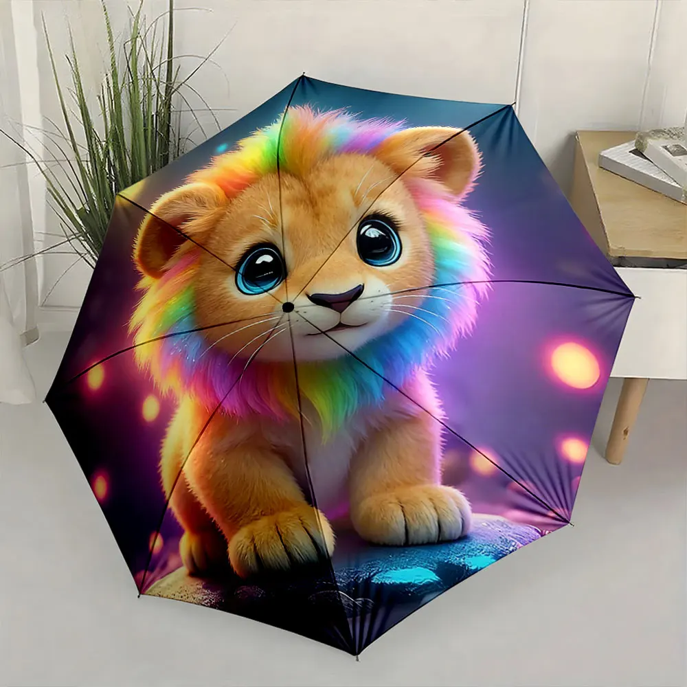 1PC Colorful Lion Cub Umbrella for Vibrant Rainy Days Print 8 Iron Ribs Folding Umbrella Auto-Open Fashion Sunshade