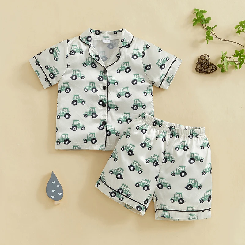 

Kids Boy Summer Pajamas Set Tractor Print Short Sleeve Lapel Button Down Tops with Shorts Satin Sleepwear