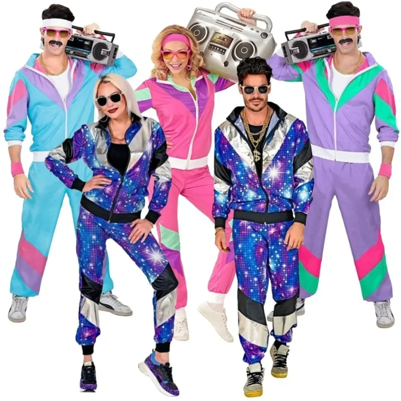 Vintage 70s 80s Disco Hippie przebranie na karnawał mężczyźni strój treningowy dres kobiety hip-hop dyskotekowy garnitur Halloween karnawał Party