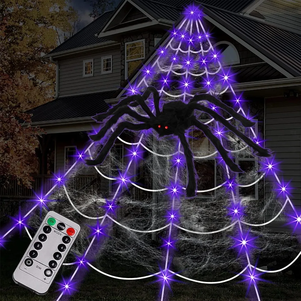 Outdoor Lights, 125 Purple LED Light Up 16.4Ft Giant Spiderweb & 6.5Ft Large Spider & 22 Small Spiders & 20g Stretch Cobweb