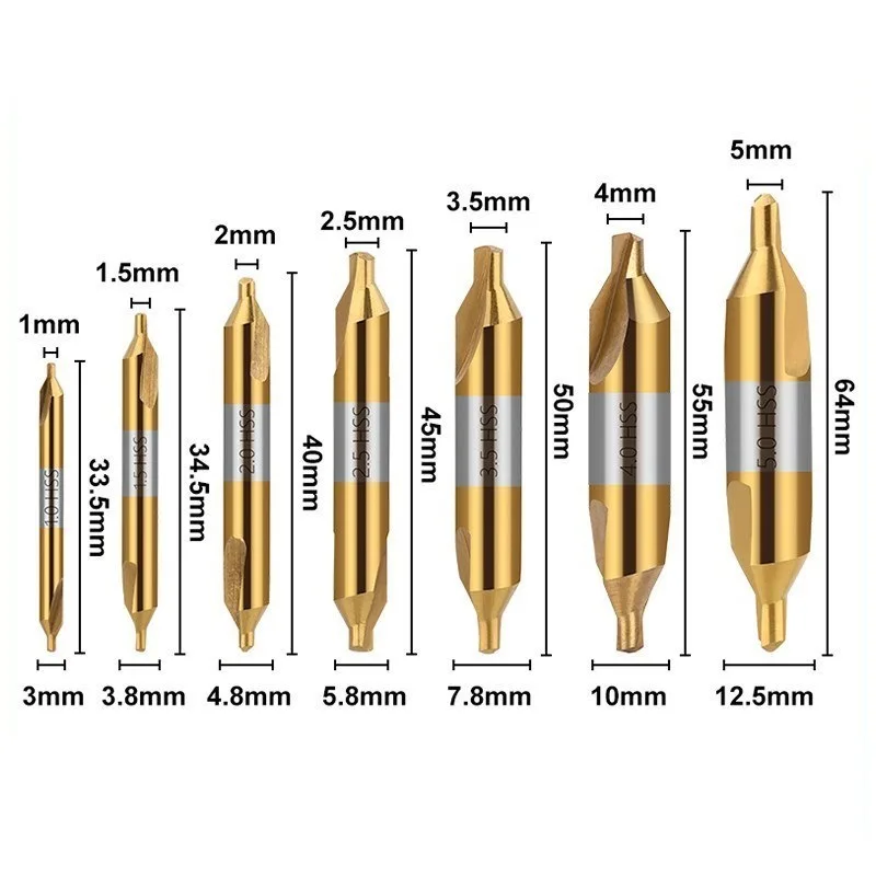Conjunto de broca central de aço de alta velocidade de 6/7 unidades 1.0-5.0Mm (banhado a titânio em ambas as extremidades) Combinação