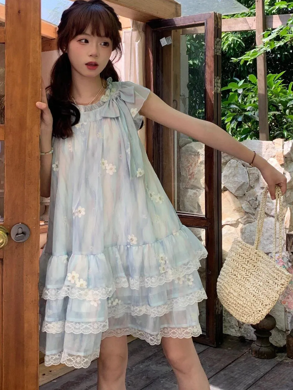 Bleu imprimé fleuri coupe ample été Dr femmes 2025 nouveau Sle petite taille Agel Svel Princ robe noeud