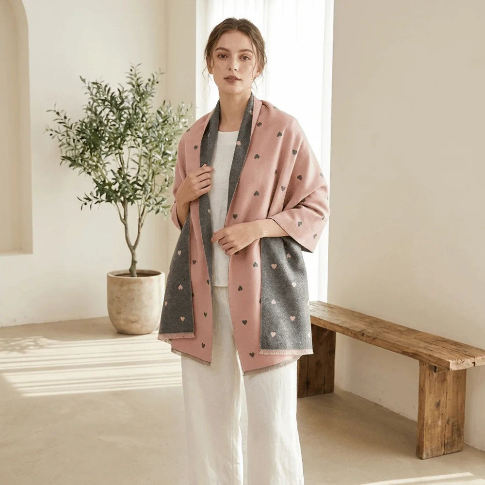 Romantic Elegant Double Sided Heart Pattern Scarf Vintage Style Soft Warm Shawl Comfortable Large Wrap Scarf Outfit