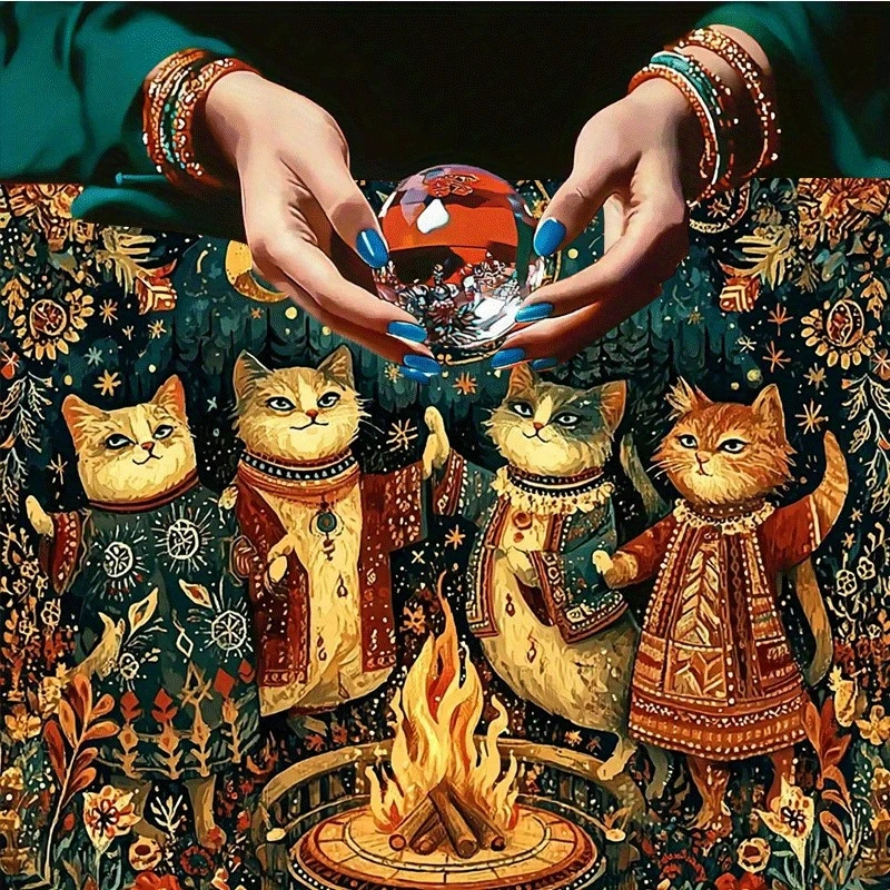 1pc Mystical Forest Campfire Cats Tarot Altar Cloth - Tablecloth with Four Regal Cats, Celestial Moon & Pentag