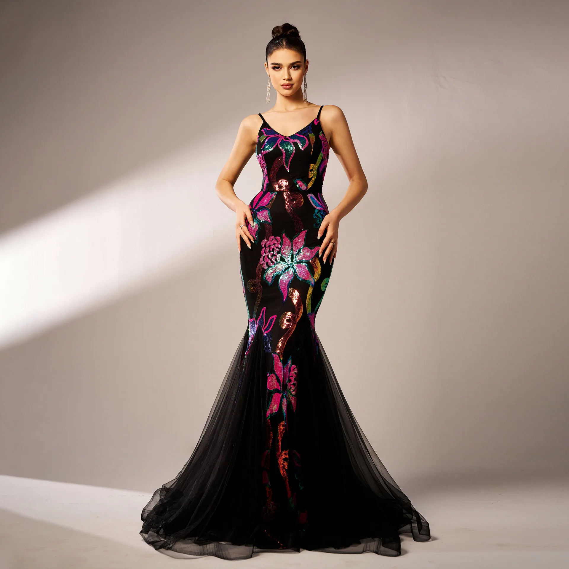 Sleeveless high-waisted V-neck suspender belt sexy long sequins fishtail evening dress vestido coctel