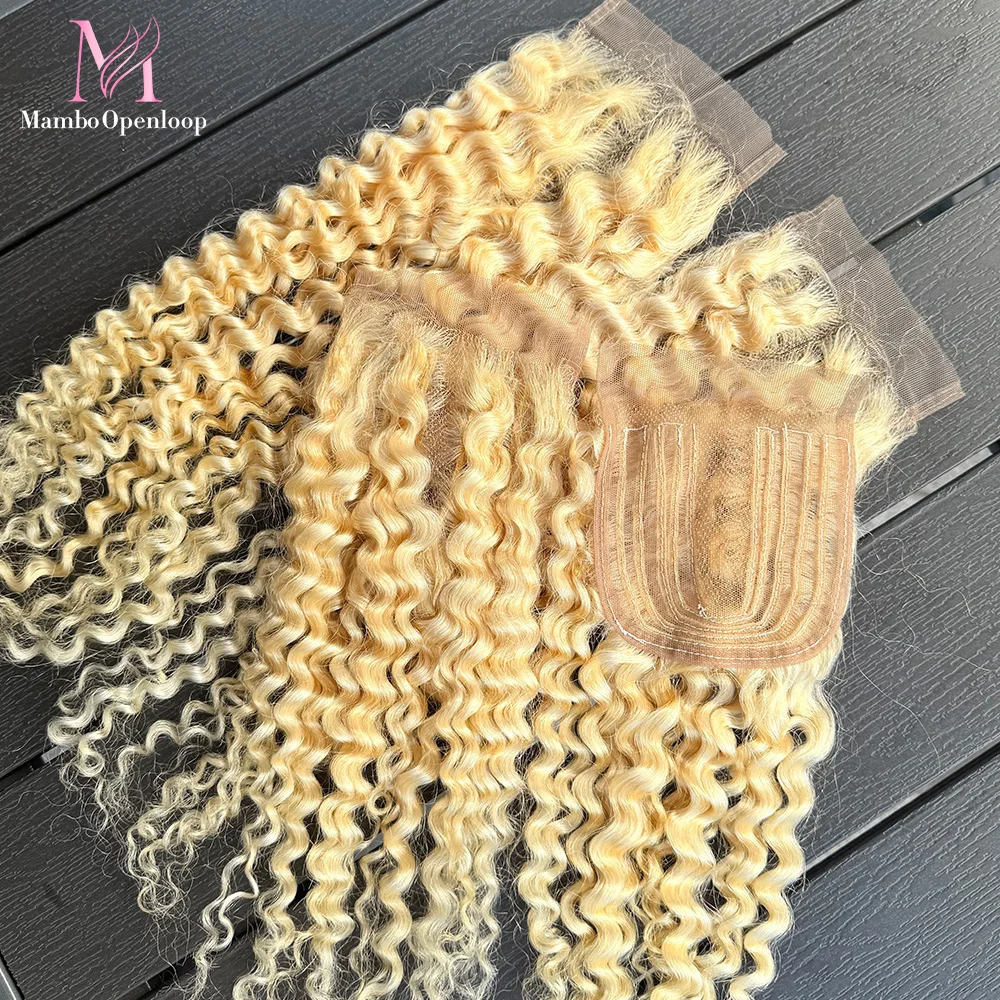 

4x4 Кружевная застежка Джерри Кудрявые # 613 Светлый цвет, бразильские человеческие волосы, глубокая волна, медовый блондин, Т-образная кружевная застежка, средняя часть