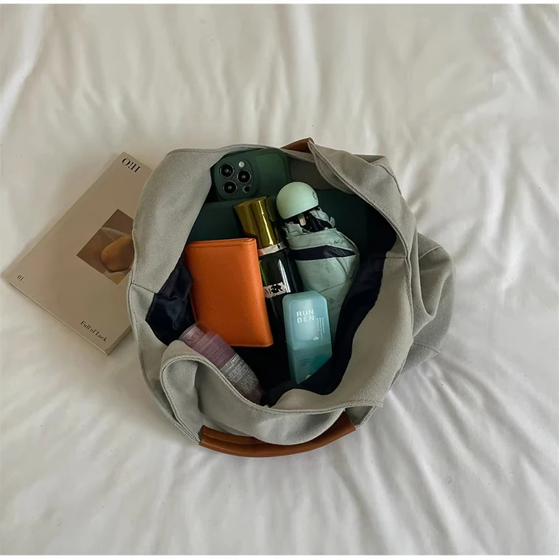 Koreanische Einfarbige Canvas-Handtasche mit Henkel, Damen-Schultertasche mit Großer Kapazität, Leichte Reise-Shopper-Tasche für den Täglichen Arbeitsweg – Detail 7