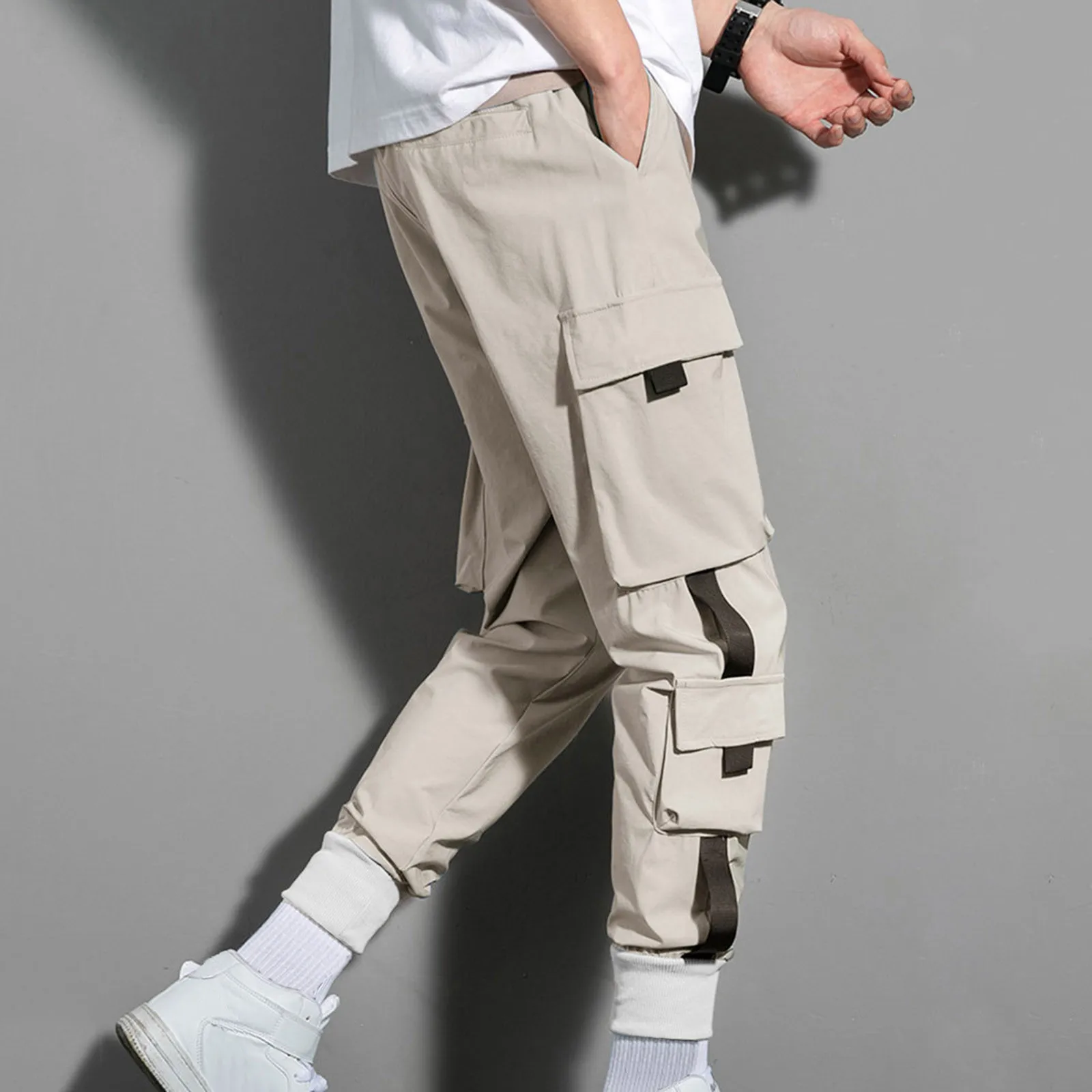 

Loose Fit Multi Pocket Joggers For Spring Summer, Men's Street Style Waist Drawstring Casual Pants Cargo Pants For Fitness Outdo