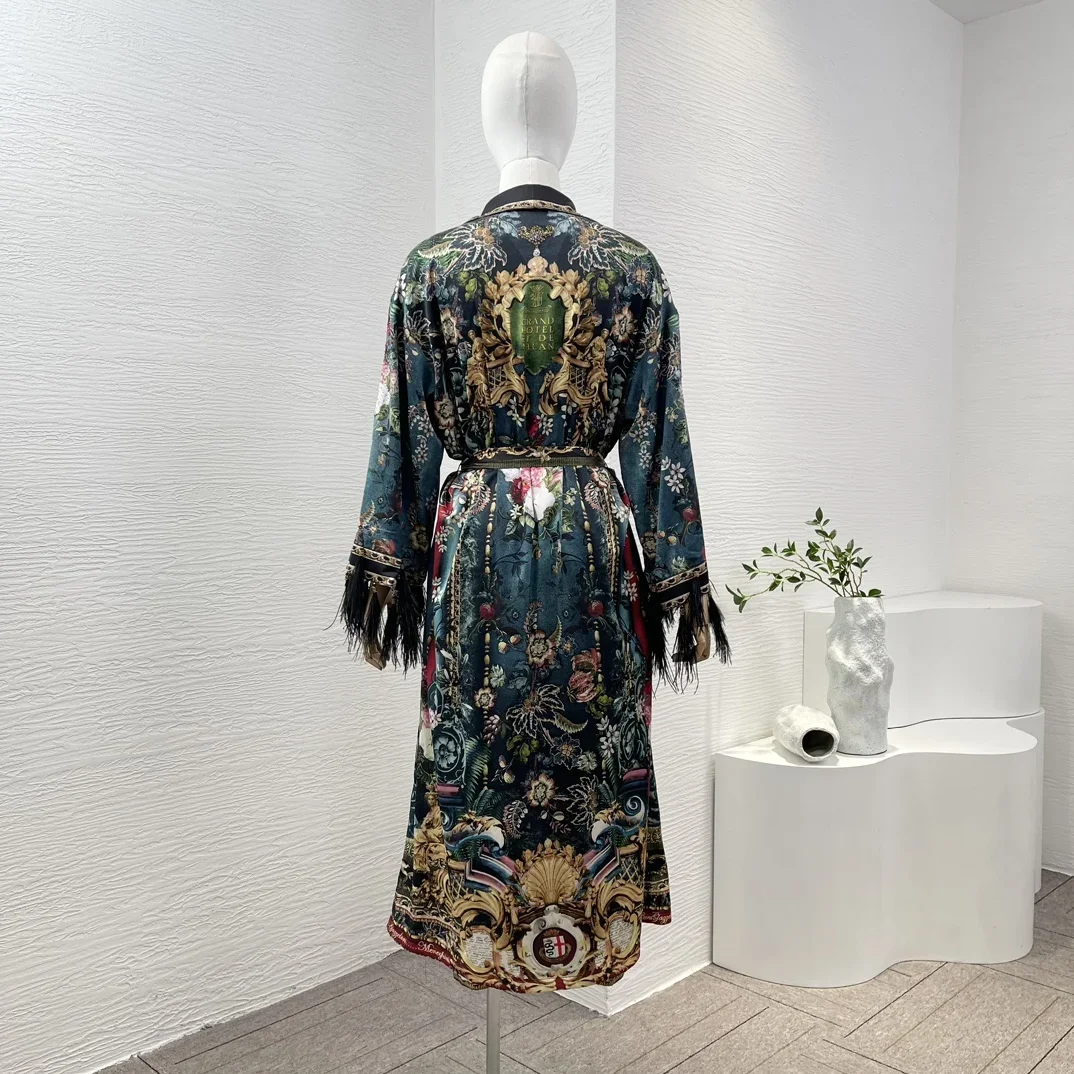 2024 Spring Summer Green Floral Print Long Sleeve Diamonds Pressed V-Neck Belt Feather Wrap Kaftan Midi Dress