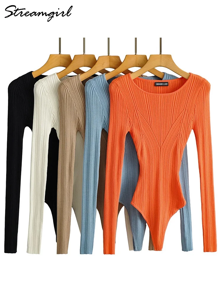 Streangirl Knitted Bodysuit Women Long Sleeve Top O Neck Orange Bodycon Spring Geometry Knit Bodysuit For Women Elegant Blouses