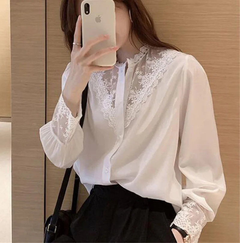 PLAZSON Summer Women Blouse Lace Patchwork Chiffon White Shirt Long Sleeve Button Elegant Office Lady Tops Korean Style Clothes