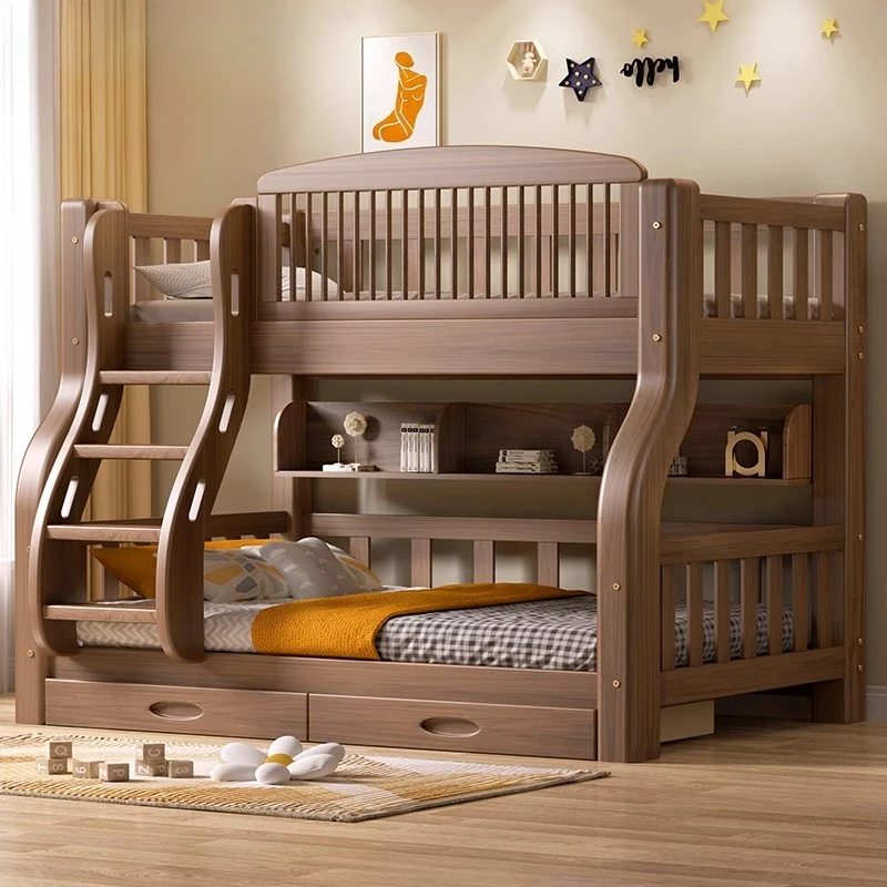 ww-120x200cm Full Size Children Double Bed Wood Bedroom Luxury Frame Kids Bed King Size 2 People Ladder Drawer Storage Furniture