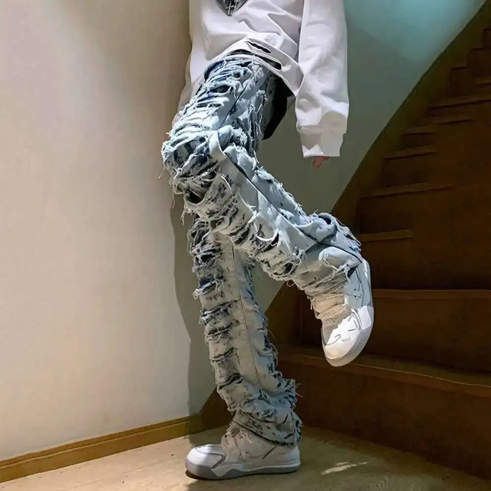 HKSH American High Street Erosion Damaged Vintage Jeans Men Ins Punk Trendy Straight Micro Flare Denim Pants Fashion Chic HK1205