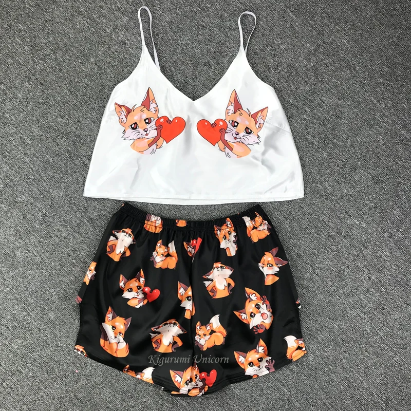 Animal Print Pajamas Set Women Strap Sleeveless Cartoon Pijama Shorts Sexy Satin Silk Sleepwear Lady Summer Nightwear Home Suit